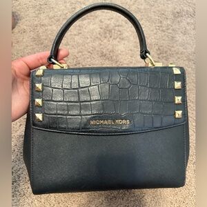 Michael Kors Black and Gold Satchel with Croc-Embossed Design